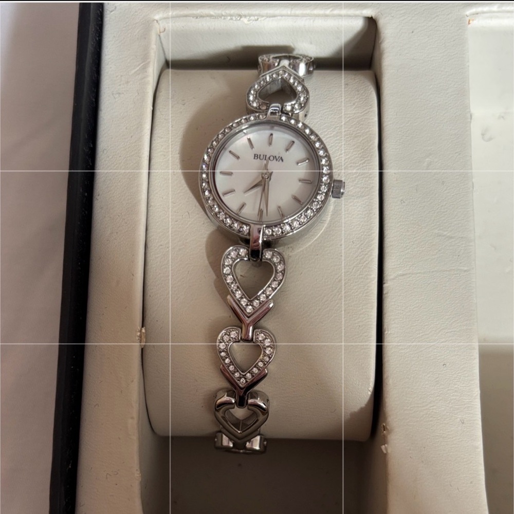 Bulova Women's Silver Heart Link Crystal Bracelet Watch